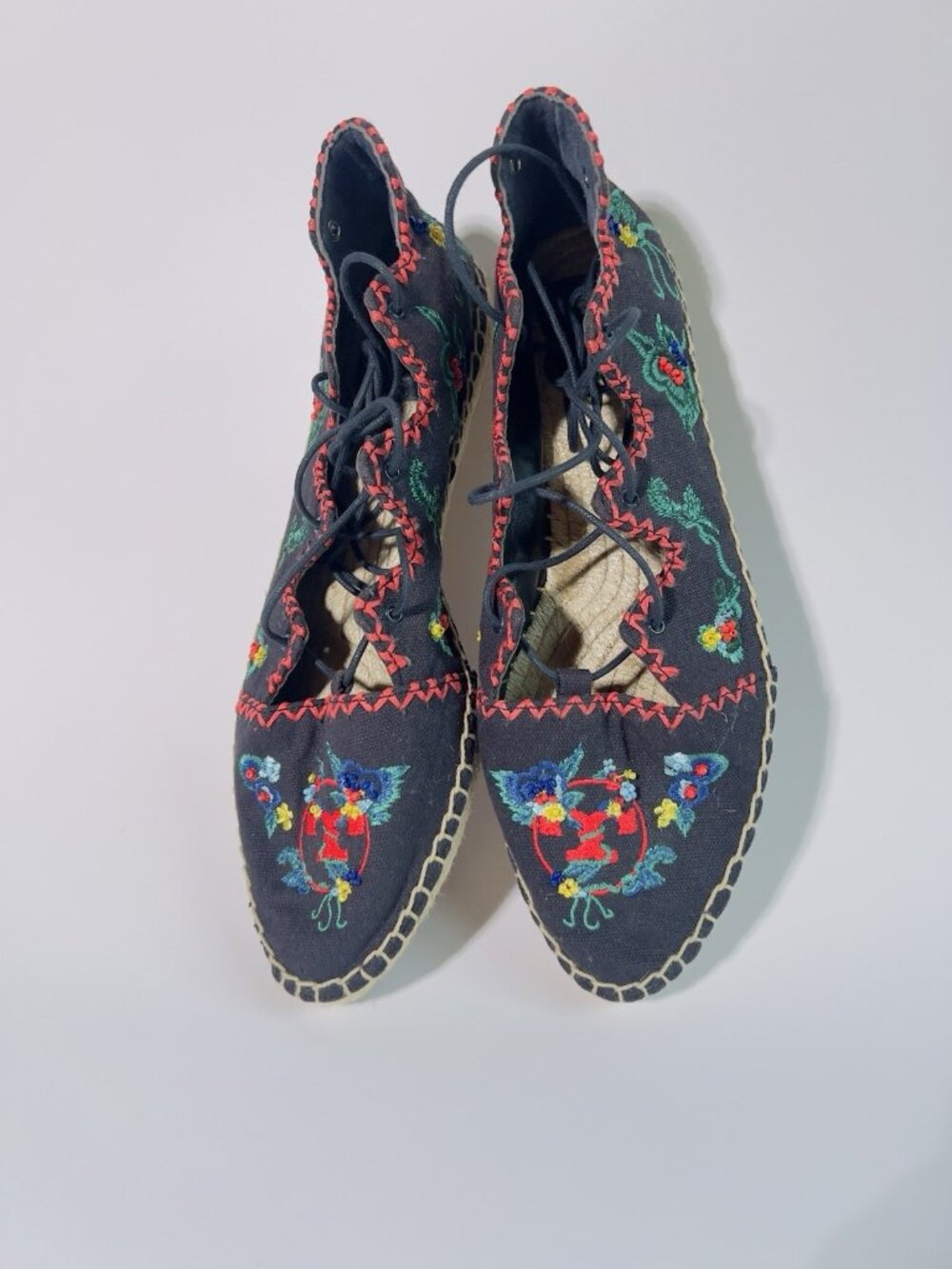 Tory Burch Fleming Embroidered Lace-Up Espadrilles Canvas Floral Size 8
